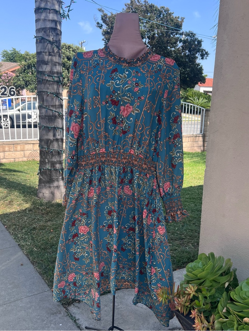 Nanette Lepore Teal Floral Long-Sleeve Smocked Waist Dress